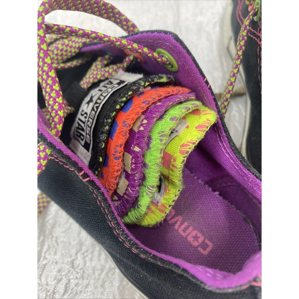 Converse All Star Neon Stitch Rainbow Tongue Black Canvas Sneaker Junior Size 1